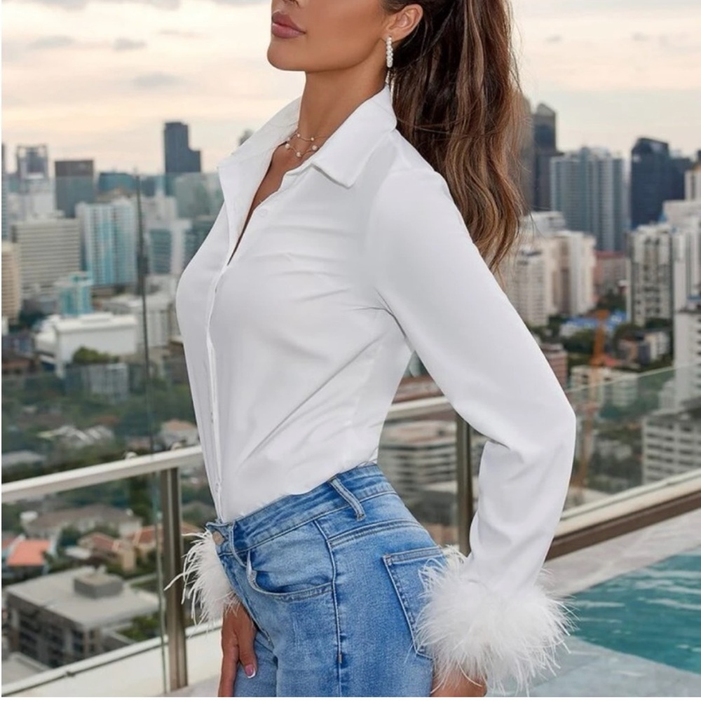 White Feather cuff sleeve button up collared shirt blouse - Picture 4 of 5